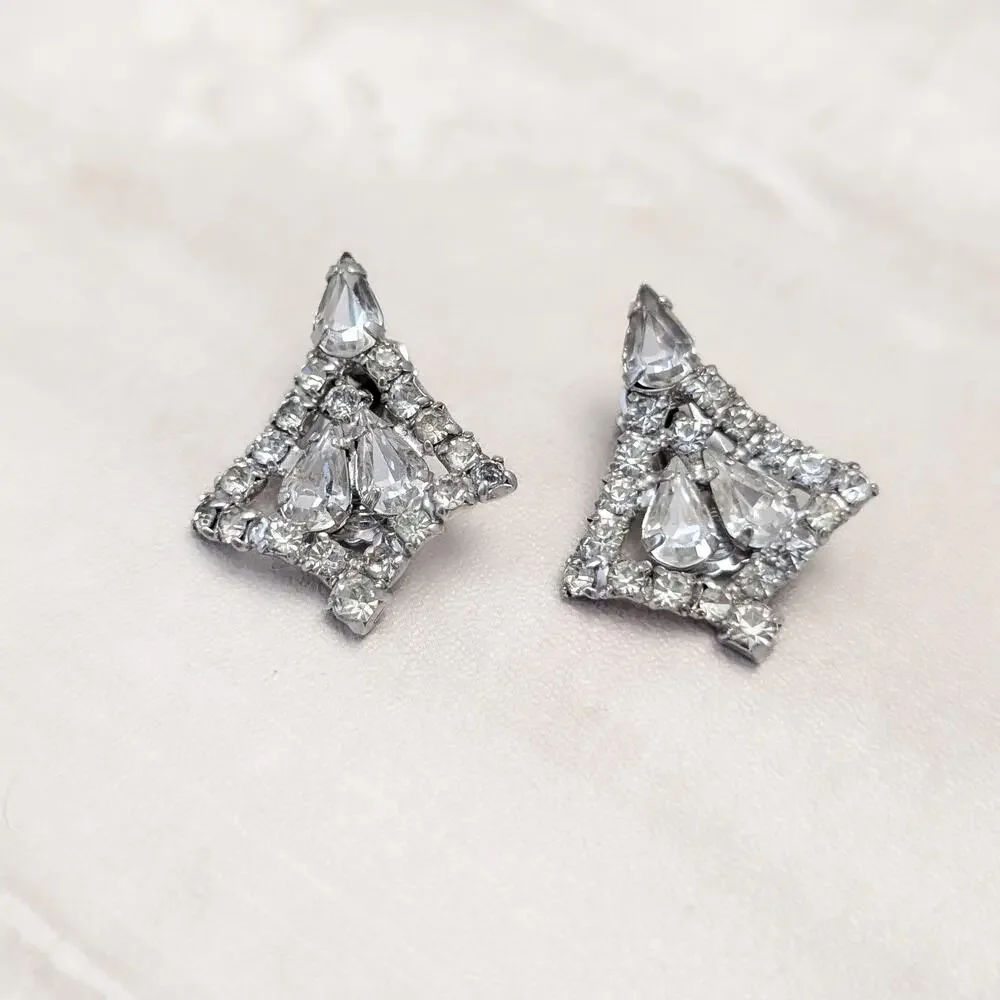 Vintage Clip On Earrings Stylish Silver Tone & Clear Gem Large 1 & 3/8